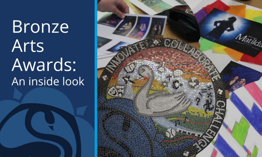 Bronze Arts Award promotional graphic featuring pupil artwork, theatre images and Swanmore College branding.